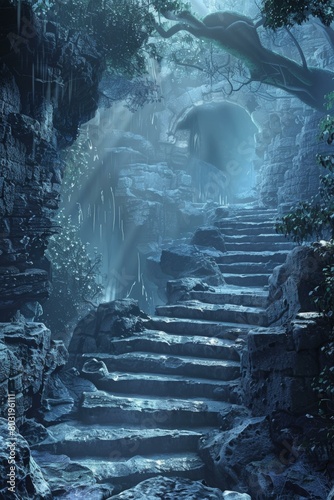Mystical stone staircase in a dark forest with an ominous atmosphere