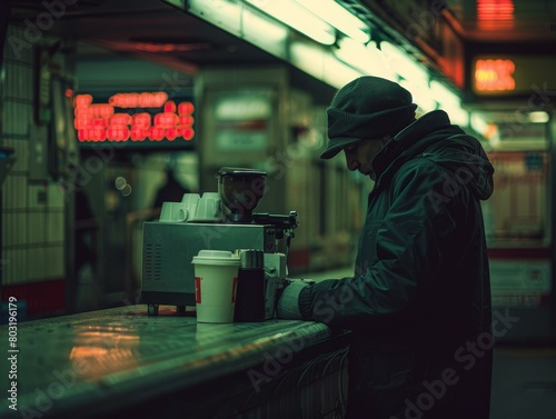 A Man Standing at a Counter in a Coffee Shop photo