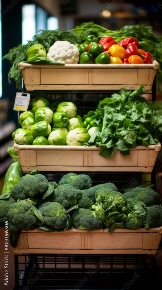 Fresh vegetables and fruits on shelves in a grocery store