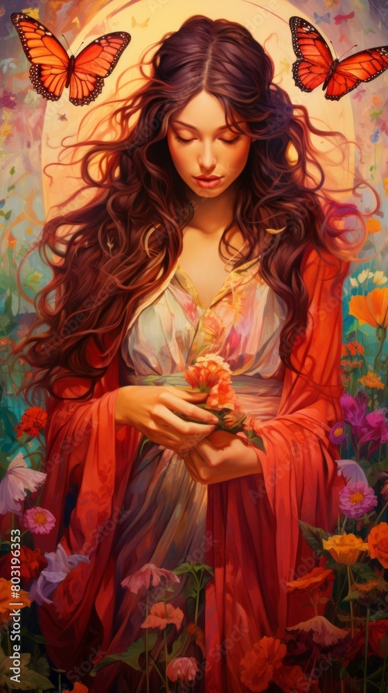 An illustration of a beautiful woman with long brown hair, wearing a red dress with a white camisole, standing in a field of flowers, holding a pink flower, with butterflies around her An illustration of a beautiful woman with long brown hair, wearing a red dress with a white camisole, standing in a field of flowers, holding a pink flower, with butterflies around her