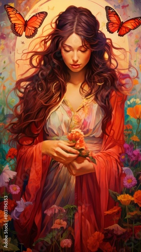 An illustration of a beautiful woman with long brown hair, wearing a red dress with a white camisole, standing in a field of flowers, holding a pink flower, with butterflies around her