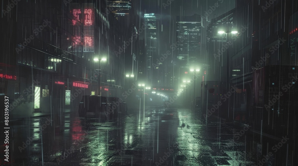 Cyberpunk streets illustration, futuristic city, dystoptic artwork at night, 4k wallpaper. Rain foggy, moody empty future