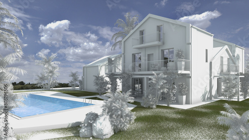 Modellazione e render 3D di edificio residenziale con piscina e modello bianco photo