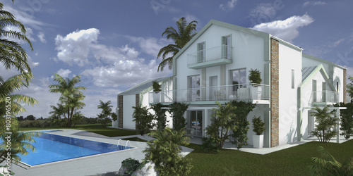 Modellazione e render 3D di edificio residenziale con piscina photo