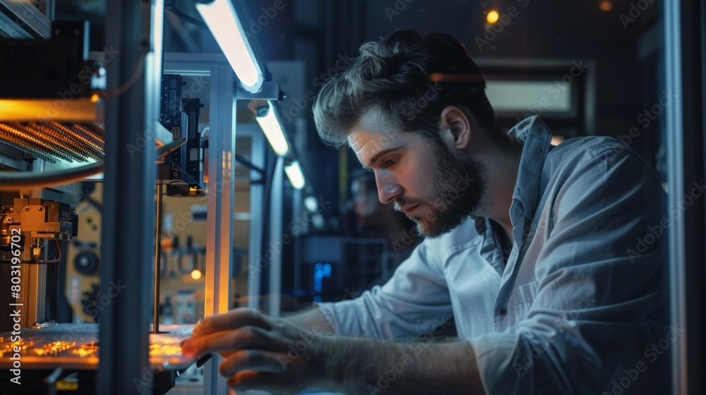 A technician operating a large 3D printer, fabricating intricate parts with precision and expertise.