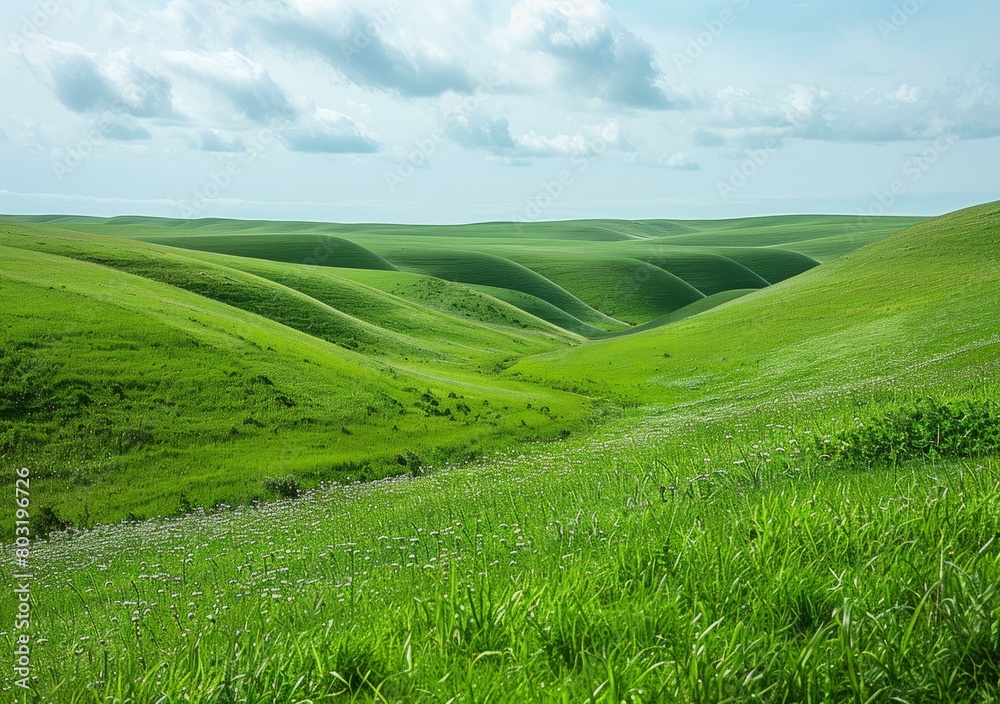 Green rolling hills under blue sky with white clouds