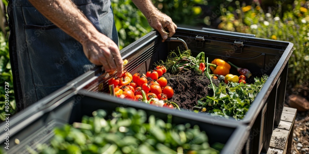 A person is putting food waste into a compost bin A person is putting food waste into a compost bin