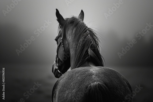 A black and white horse standing in a field  looking at the camera with a strong and powerful presence
