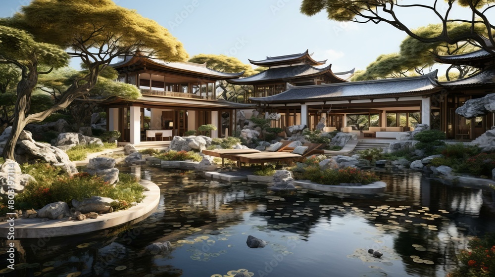 Courtyard with traditional chinese architecture and a pond