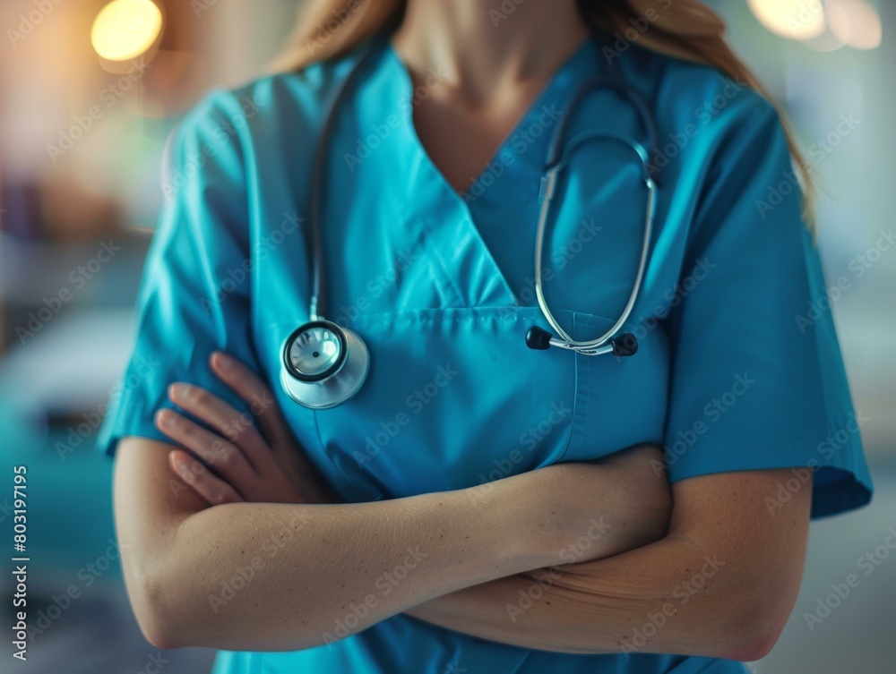 Confident female doctor in blue uniform posing with arms crossed Confident female doctor in blue uniform posing with arms crossed