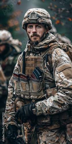 Soldier in Camouflage Uniform and Tactical Gear Holding a Gun