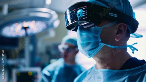 A surgeon using AR glasses to overlay preoperative imaging and surgical plans directly onto the patient during surgery. photo