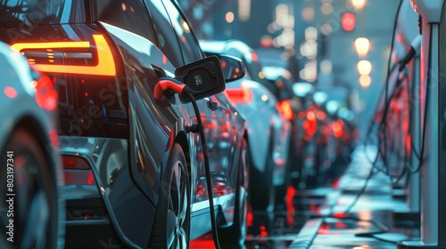 A line of electric vehicles queued up at a charging station, illustrating the growing adoption of EVs in urban environments.