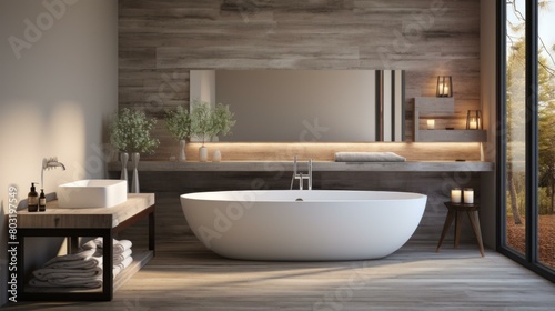 Bathroom interior design with bathtub and large windows