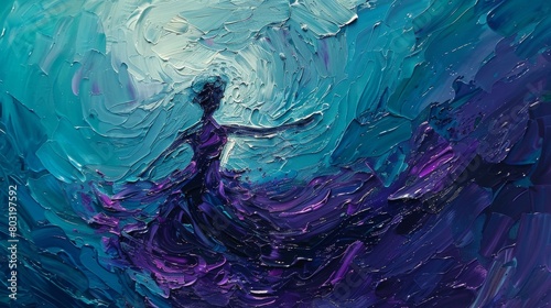 Oil painting of a woman dancing in a blue dress