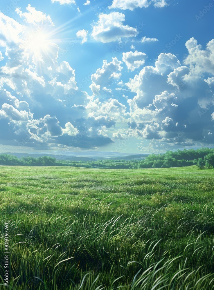 Obraz premium Green grassy field with white clouds and blue sky