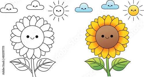 Cute sunflower with happy face cartoon character coloring page vector illustration.