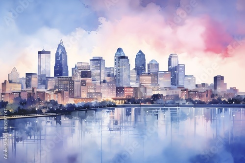 Watercolor city skyline at twilight, blended cool tones, panoramic view