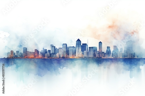 Watercolor city skyline at twilight, blended cool tones, panoramic view © nattapon