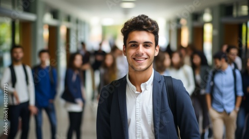 Confident male college student in university hallway