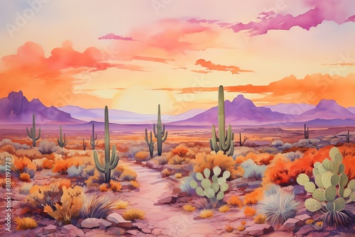 Watercolor desert with cacti, sunset oranges and purples, broad shot photo