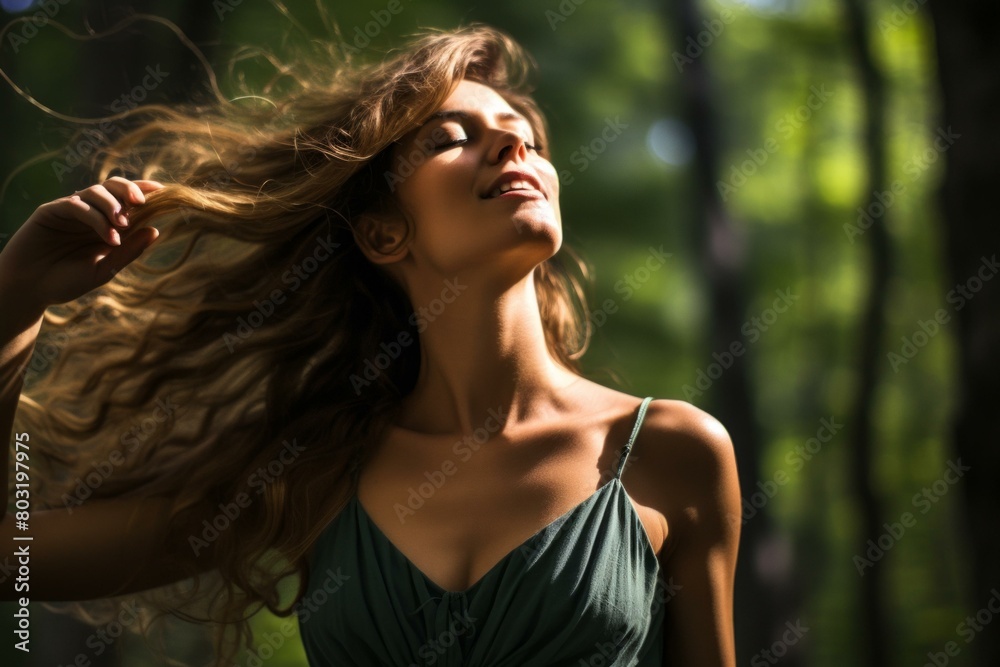 Naklejka premium Young woman with long blond hair smiling with her eyes closed in a forest