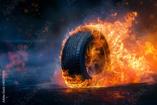 dramatic auto tire engulfed in flames burning rubber on dark background abstract photo