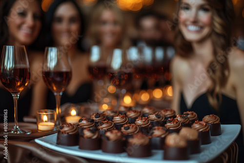 Chocolate Gala: A glamorous gala event celebrating the elegance and sophistication of chocolate, with guests dressed in their finest attire enjoying chocolate-themed entertainment,