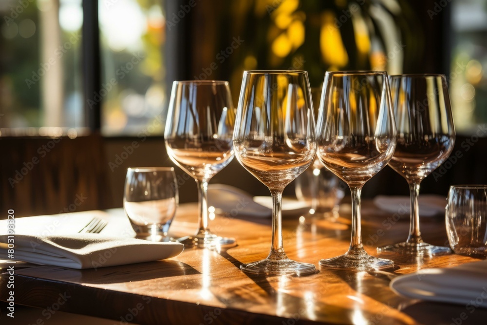 Elegant restaurant table setting with wine glasses Elegant restaurant table setting with wine glasses