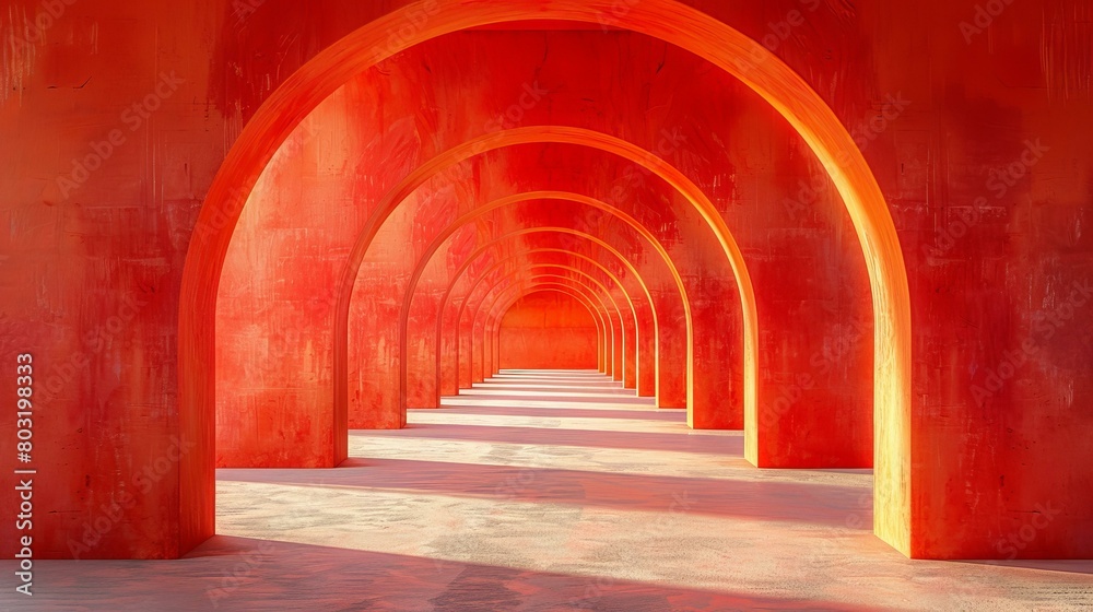Futuristic empty hallway with red arches