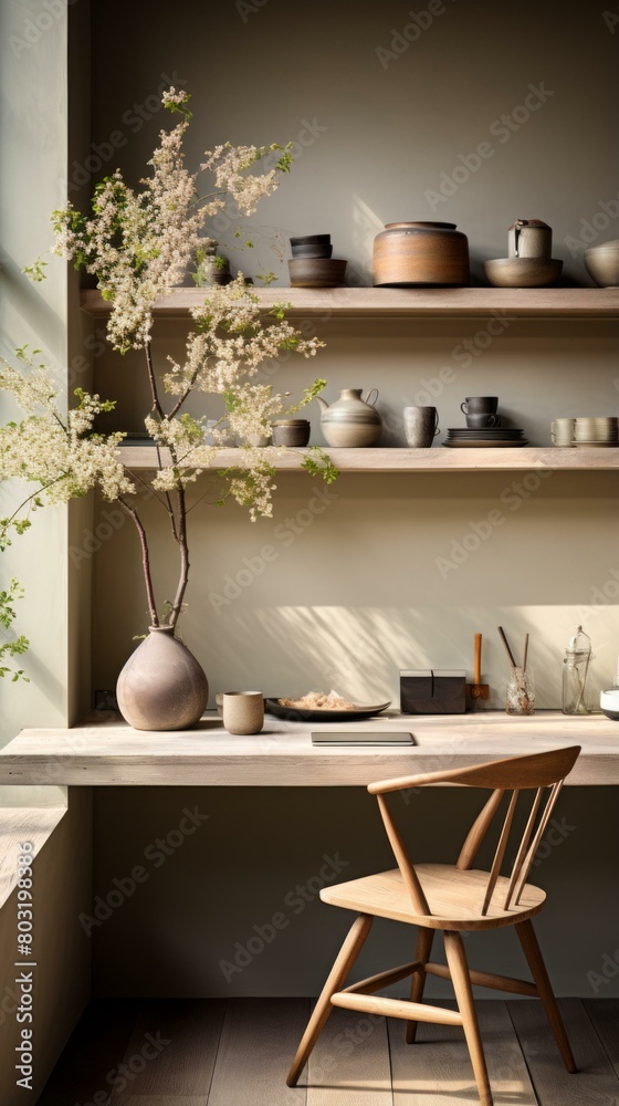 A wooden desk and chair in front of a window with shelves above it decorated with plants and pottery. A wooden desk and chair in front of a window with shelves above it decorated with plants and pottery.