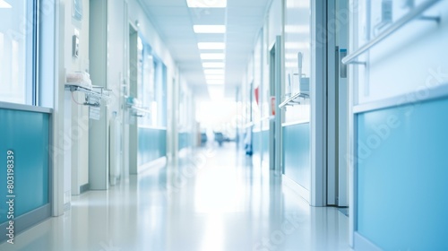 Hospital hallway with blue walls and bright lighting