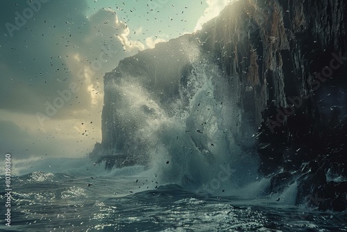 Huge waves crashing against a rocky cliff face photo