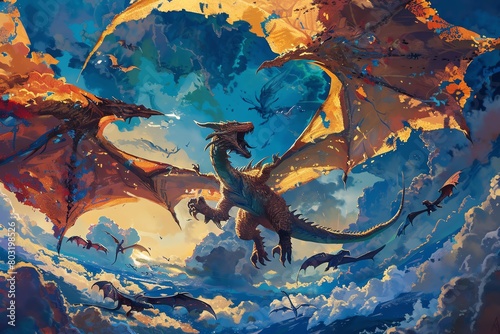 Capture the essence of majestic dragons through a dramatic worms-eye view, rendered in vibrant acrylic colors, soaring through a mystical sky photo