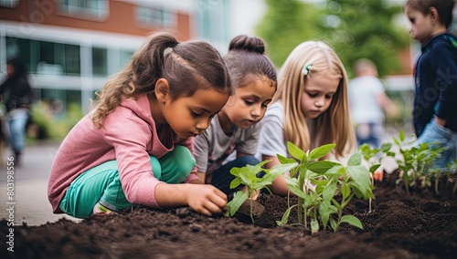 Botanical Education: Diverse Children Participate in Gardening Lesson at School Orchard