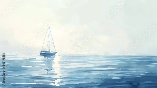 Capture the essence of maritime adventures in a minimalist design from an eye-level angle Emphasize the calm vastness of the ocean and a lone sailboat in serene waters, using watercolors
