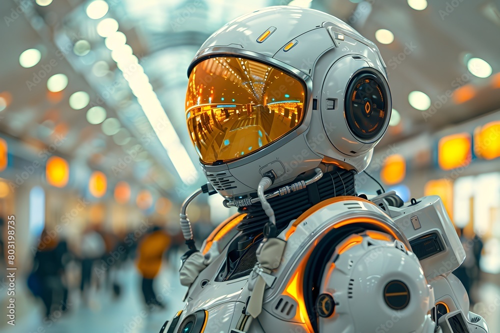 Fototapeta premium Futuristic Humanoid Robot Assisting Interstellar Travelers at a Bustling Spaceport with Pastel-Colored