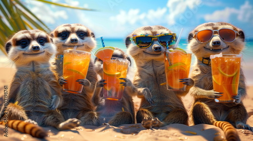 A troupe of meerkats in beachwear, sipping tropical drinks and soaking up the sun on a sandy beach. photo