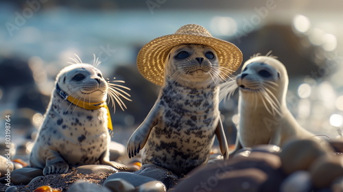 A family of seals dressed in beach attire, sunbathing on rocks and enjoying the coastal scenery under the warm sun.