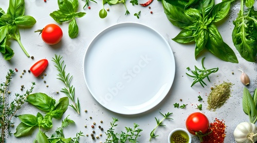 Vibrant Food Preparation Scene with Fresh Herbs and Tomatoes Around an Empty Plate, Perfect for Culinary Themes. Stylish, Fresh, Culinary Background. AI