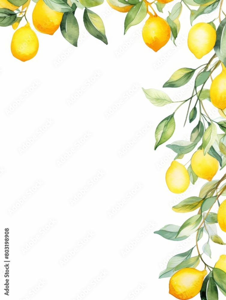 A watercolor of lemons and leaves with copy space and white background