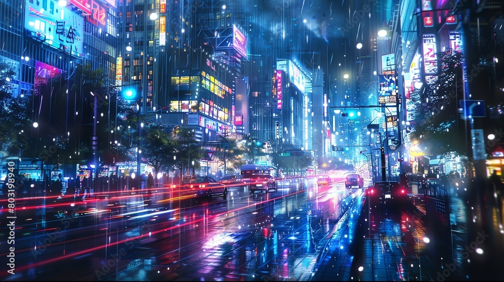 Create an illustration of a rainy night in a city