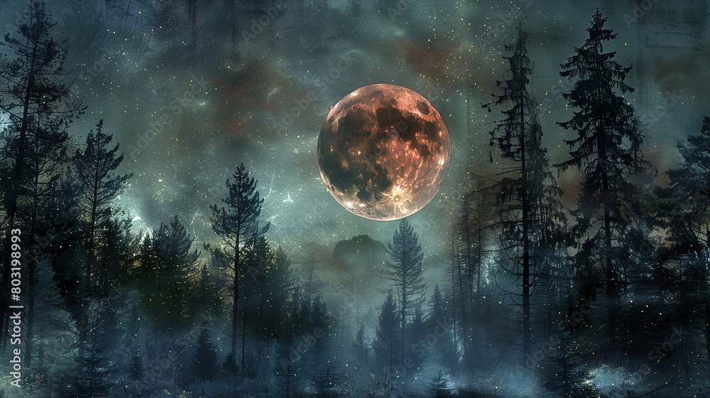 A woodland scene with the lunar eclipse framed by tall trees, creating a mystical atmosphere in the heart of the forest. lunar eclipse
