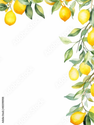A watercolor of lemons and leaves with copy space and white background