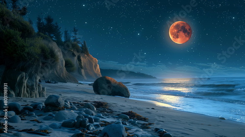 A coastal panorama with the lunar eclipse hanging low over the horizon, accentuating the serenity of the shoreline under the night sky. lunar eclipse