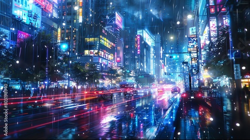 Create an illustration of a rainy night in a city