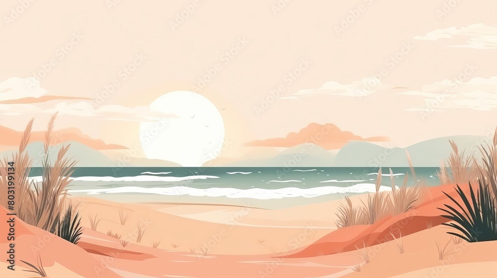 A beautiful minimalist landscape of a beach with a setting sun and light pink sky. A beautiful minimalist landscape of a beach with a setting sun and light pink sky.