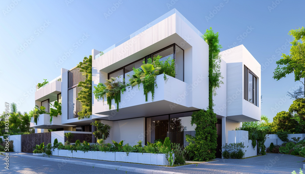 Ultra-modern townhouse with a stark white exterior and innovative vertical gardening, under the clear sky of a summer day.