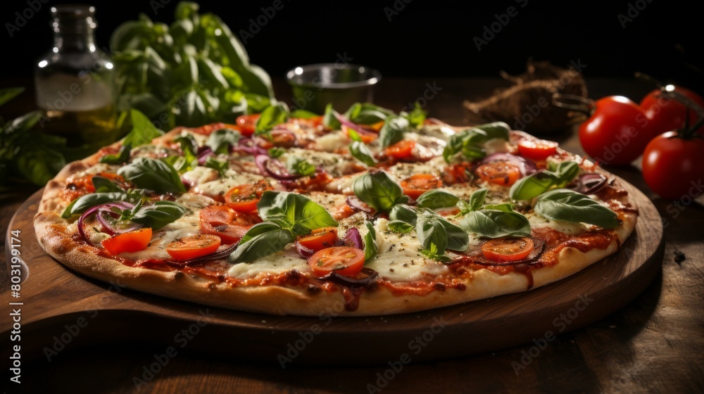A delicious pizza with fresh basil, tomatoes, mozzarella cheese, and red onion