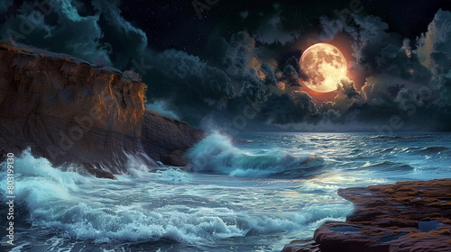 A coastal cliffside view with the lunar eclipse rising above the crashing waves, adding a sense of drama to the ocean panorama. lunar eclipse